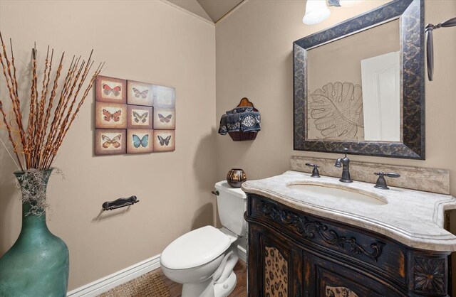 910744 S 3440th Rd, Chandler, OK 74834 - half bath featuring vanity, baseboards, toilet, and lofted ceiling