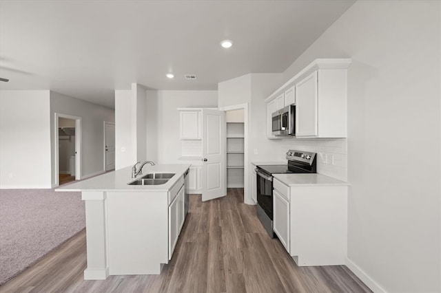 5201 Grassland Dr, Guthrie, OK 73044 - kitchen with appliances with stainless steel finishes, a sink, light wood-type flooring, light countertops, and a kitchen island with sink
