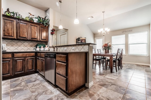 11444 NW 131st St, Piedmont, OK 73078 - kitchen featuring a chandelier, stainless steel dishwasher, vaulted ceiling, dark brown cabinets, and backsplash