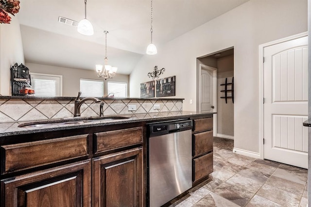 11444 NW 131st St, Piedmont, OK 73078 - kitchen with dishwasher, dark brown cabinets, a sink, backsplash, and lofted ceiling