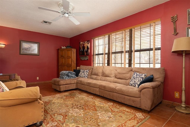 143 Robinson Ln, Ardmore, OK 73401 - tiled living area featuring ceiling fan, a textured ceiling, and baseboards