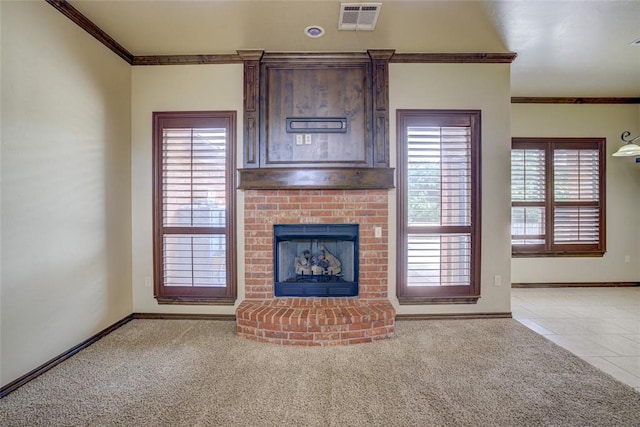811 W Abi Rd, Washington, OK 73093 - unfurnished living room with ornamental molding, baseboards, carpet flooring, and a fireplace