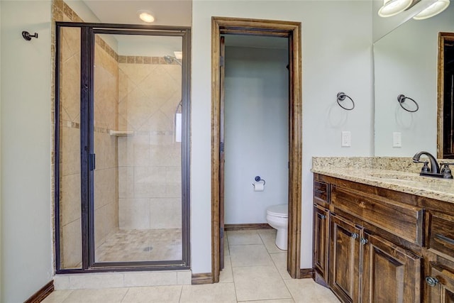 811 W Abi Rd, Washington, OK 73093 - full bath featuring vanity, a shower stall, toilet, tile patterned flooring, and baseboards