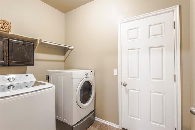 5008 Caleb St, Oklahoma City, OK 73179 - laundry room with separate washer and dryer, cabinet space, tile patterned flooring, and baseboards