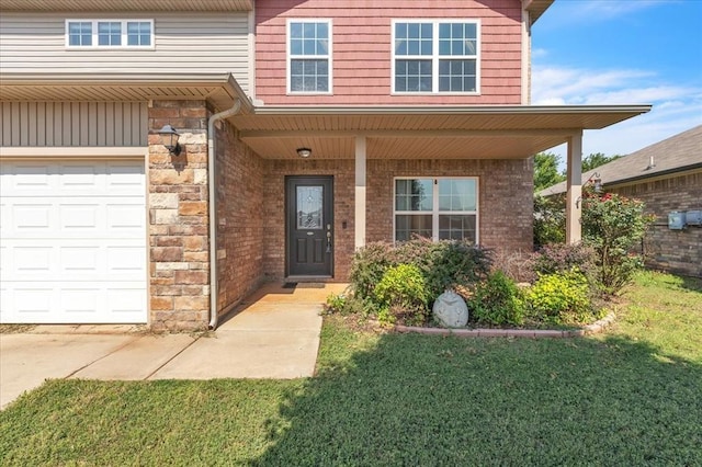2721 Demotte Dr, Yukon, OK 73099 - entrance to property featuring covered porch, stone siding, a lawn, and brick siding