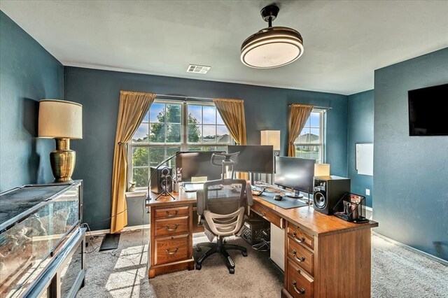 2721 Demotte Dr, Yukon, OK 73099 - home office featuring light carpet, baseboards, and a textured wall