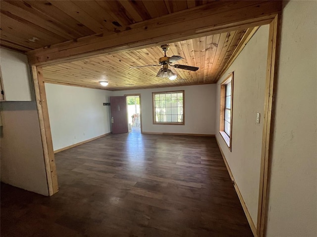 1209 Jefferson St, Seminole, OK 74868 - unfurnished living room featuring wooden ceiling, a ceiling fan, baseboards, and dark wood-style floors