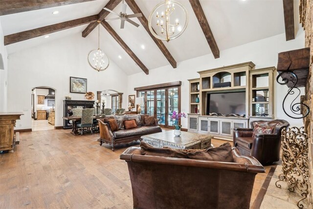 1324 NW 157th St, Edmond, OK 73013 - living room featuring high vaulted ceiling, a chandelier, beam ceiling, recessed lighting, and light wood finished floors