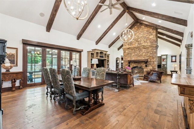 1324 NW 157th St, Edmond, OK 73013 - dining area with a chandelier, beamed ceiling, high vaulted ceiling, wood-type flooring, and ceiling fan