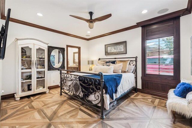 1324 NW 157th St, Edmond, OK 73013 - bedroom with baseboards, crown molding, recessed lighting, and a ceiling fan