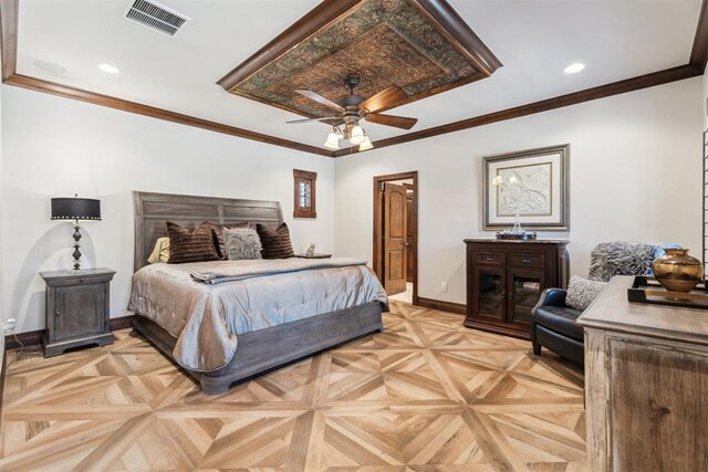 1324 NW 157th St, Edmond, OK 73013 - bedroom featuring baseboards, ornamental molding, recessed lighting, and a ceiling fan