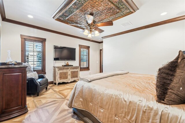 1324 NW 157th St, Edmond, OK 73013 - bedroom with baseboards, ornamental molding, a ceiling fan, and recessed lighting