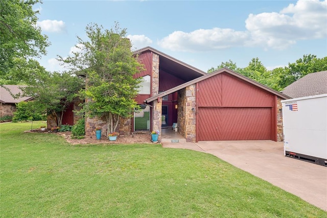 13220 Shady Tree Pl, Edmond, OK 73013 - mid-century inspired home with stone siding, an attached garage, a front lawn, and concrete driveway