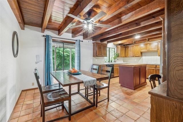 13220 Shady Tree Pl, Edmond, OK 73013 - dining room with wooden ceiling with exposed beams, plenty of natural light, and ceiling fan