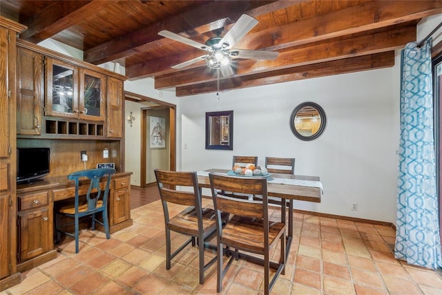 13220 Shady Tree Pl, Edmond, OK 73013 - dining room featuring wood ceiling with exposed beams, a ceiling fan, and baseboards
