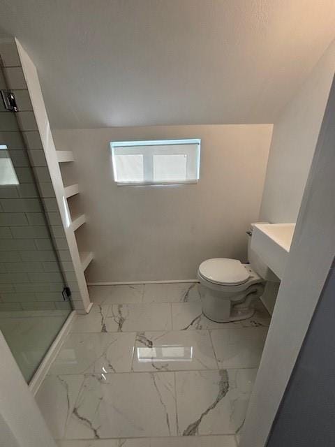 306 E Hughbert St, Norman, OK 73069 - bathroom with a shower stall, marble finish flooring, toilet, and baseboards