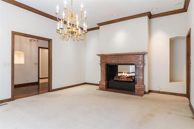 1409 Glenbrook Ter, Nichols Hills, OK 73116 - unfurnished living room with ornamental molding, carpet, a chandelier, baseboards, and a multi sided fireplace