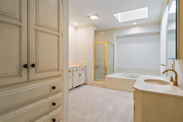 1409 Glenbrook Ter, Nichols Hills, OK 73116 - bathroom with a skylight, vanity, a shower stall, a bath, and ornamental molding
