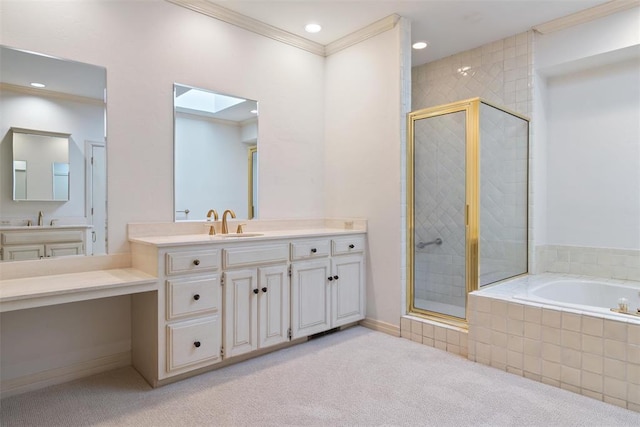 1409 Glenbrook Ter, Nichols Hills, OK 73116 - full bathroom featuring a stall shower, a skylight, vanity, a garden tub, and recessed lighting