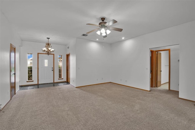 1101 Wendy Ln, Altus, OK 73521 - carpeted empty room with a chandelier, baseboards, ceiling fan, and recessed lighting