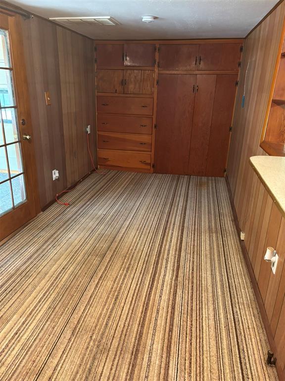 316 N Crenshaw St, Wayne, OK 73080 - unfurnished bedroom with wood walls, light carpet, and a closet