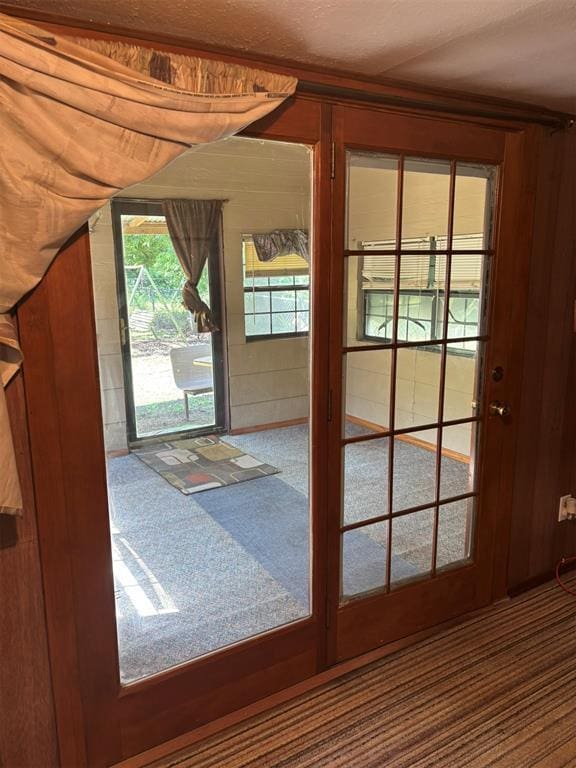 316 N Crenshaw St, Wayne, OK 73080 - doorway to outside with carpet flooring and wooden walls