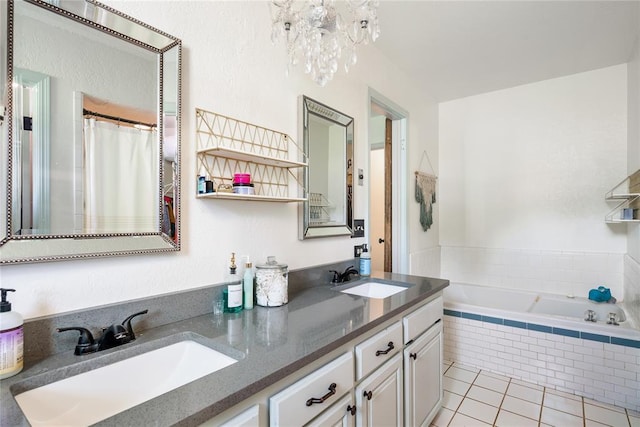 11110 Jeffords Ave, Choctaw, OK 73020 - bathroom with tile patterned flooring, a bath, double vanity, a chandelier, and a shower with curtain