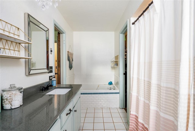 11110 Jeffords Ave, Choctaw, OK 73020 - bathroom featuring vanity, a garden tub, tile patterned flooring, and a shower with shower curtain
