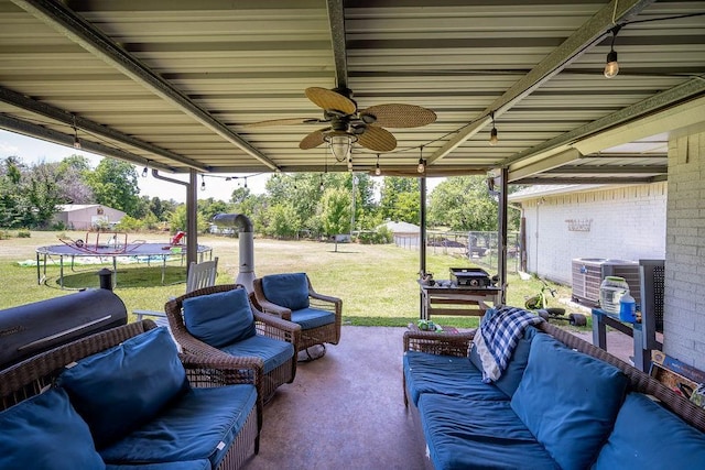 11110 Jeffords Ave, Choctaw, OK 73020 - view of patio featuring a trampoline, an outdoor hangout area, and ceiling fan