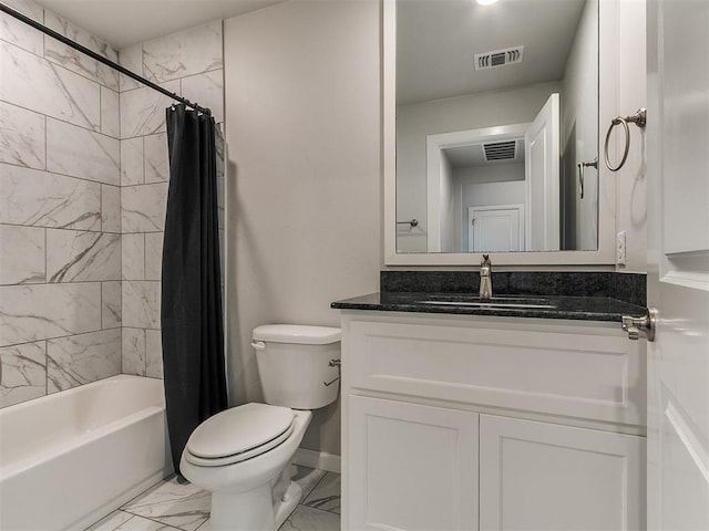 3909 Palisade Ln, Oklahoma City, OK 73179 - bathroom with marble finish flooring, vanity, toilet, shower / bathtub combination with curtain, and baseboards