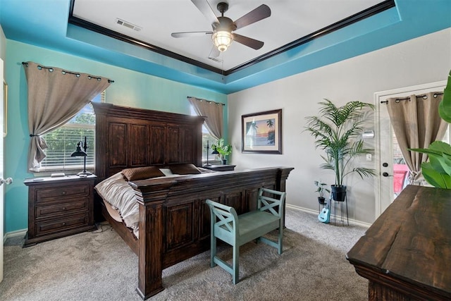 2528 E Bradley St, Shawnee, OK 74804 - bedroom with light carpet, baseboards, ornamental molding, and ceiling fan