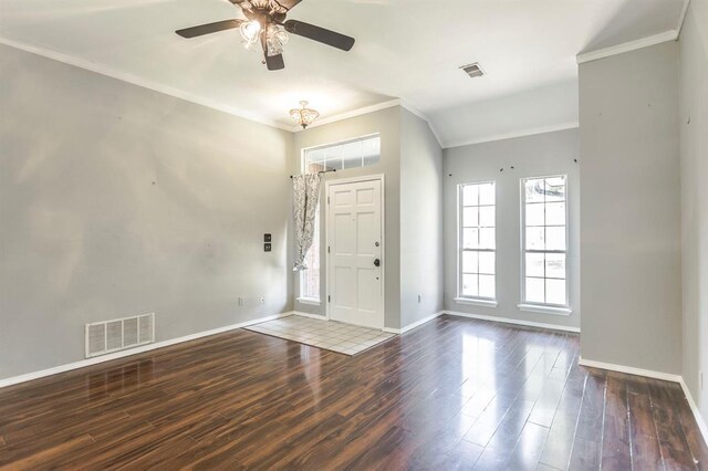 3305 Outpost Cir, Norman, OK 73072 - entrance foyer featuring ornamental molding, baseboards, wood finished floors, and a ceiling fan