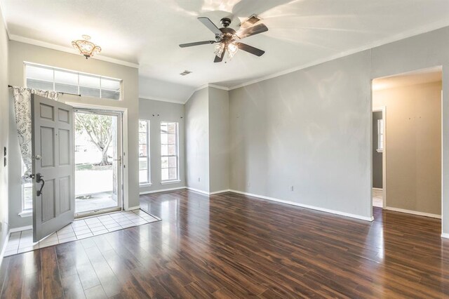 3305 Outpost Cir, Norman, OK 73072 - foyer featuring crown molding, baseboards, wood finished floors, and a ceiling fan
