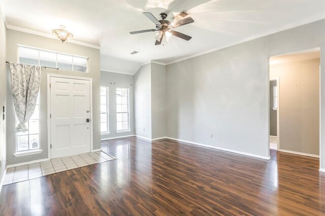 3305 Outpost Cir, Norman, OK 73072 - entrance foyer with ornamental molding, wood finished floors, baseboards, and ceiling fan