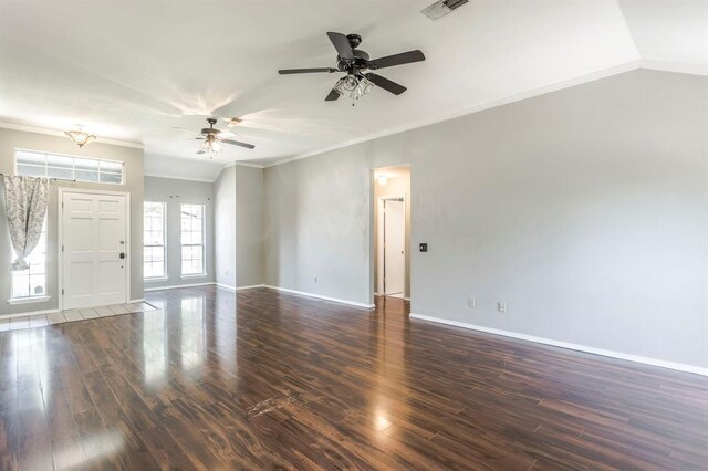 3305 Outpost Cir, Norman, OK 73072 - unfurnished living room featuring ceiling fan, wood finished floors, baseboards, and ornamental molding