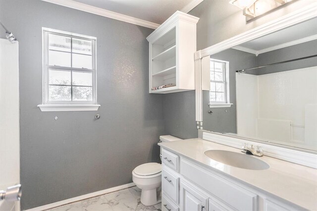 3305 Outpost Cir, Norman, OK 73072 - bathroom featuring marble finish flooring, vanity, a shower with shower curtain, toilet, and crown molding