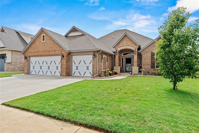 4813 Hidalgo Ave, Mustang, OK 73064 - view of front of property featuring an attached garage, brick siding, a shingled roof, and a front yard