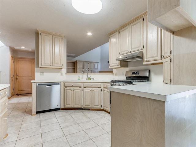 1312 Every Dr, Edmond, OK 73034 - kitchen with dishwasher, under cabinet range hood, a sink, light countertops, and recessed lighting
