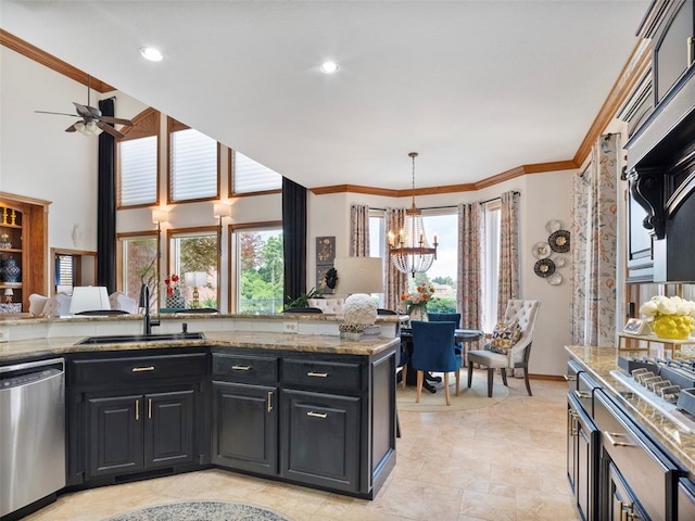 205 W Waterfront Dr, Tuttle, OK 73089 - kitchen featuring dishwasher, a sink, a chandelier, dark cabinetry, and ornamental molding