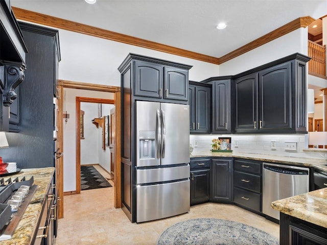 205 W Waterfront Dr, Tuttle, OK 73089 - kitchen with stainless steel appliances, light stone countertops, crown molding, decorative backsplash, and recessed lighting