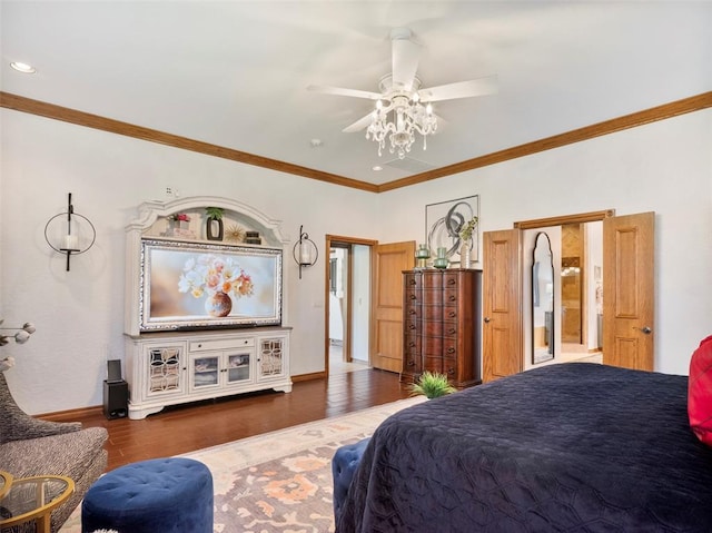 205 W Waterfront Dr, Tuttle, OK 73089 - bedroom with ornamental molding, wood finished floors, baseboards, recessed lighting, and ceiling fan
