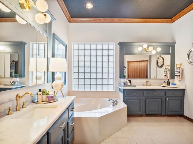 205 W Waterfront Dr, Tuttle, OK 73089 - full bathroom with two vanities, crown molding, a garden tub, and tile patterned floors