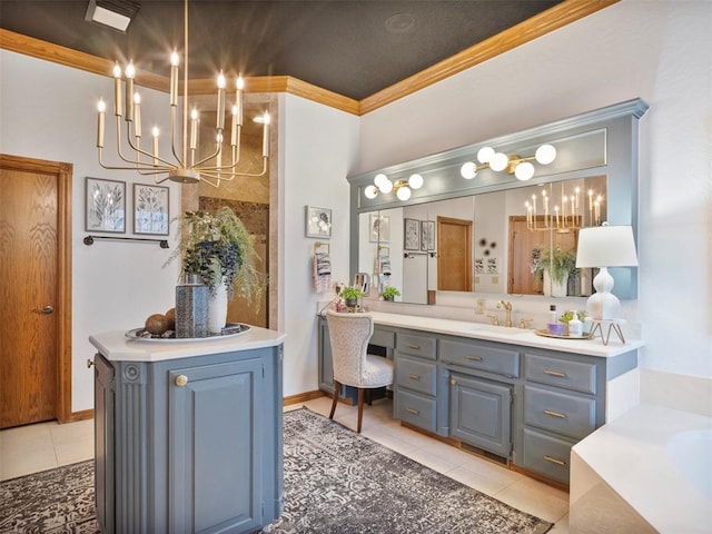 205 W Waterfront Dr, Tuttle, OK 73089 - full bath with a chandelier, tile patterned floors, vanity, crown molding, and a bathtub