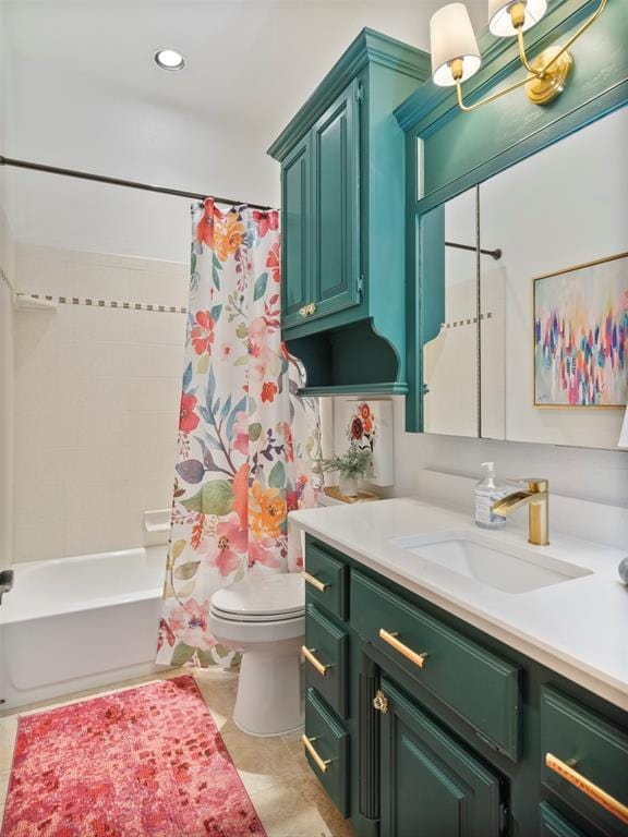205 W Waterfront Dr, Tuttle, OK 73089 - full bath featuring vanity, toilet, shower / bathtub combination with curtain, and tile patterned flooring
