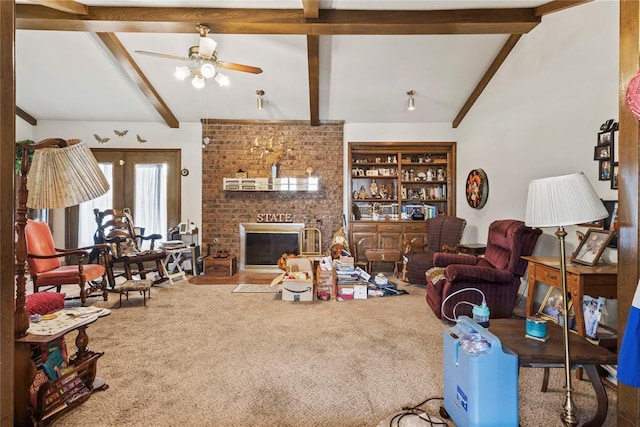 1205 Francis Ln, Kingfisher, OK 73750 - living area with carpet floors, ceiling fan, and a brick fireplace