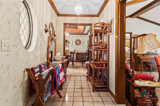 1205 Francis Ln, Kingfisher, OK 73750 - corridor featuring a chandelier, wallpapered walls, ornamental molding, and light tile patterned floors