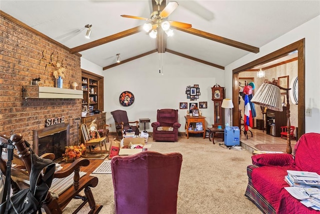 1205 Francis Ln, Kingfisher, OK 73750 - carpeted living room with ceiling fan and a fireplace