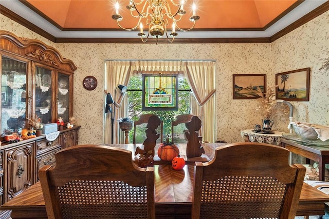 1205 Francis Ln, Kingfisher, OK 73750 - dining room with ornamental molding, a chandelier, wallpapered walls, and a raised ceiling