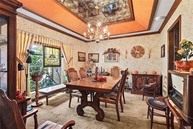 1205 Francis Ln, Kingfisher, OK 73750 - dining area featuring a tray ceiling, carpet floors, ornamental molding, a chandelier, and wallpapered walls