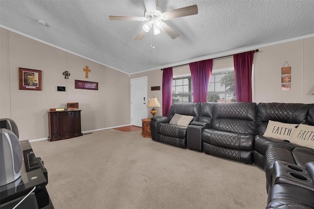 1318 N Cook St, Cordell, OK 73632 - living room with ornamental molding, a textured ceiling, lofted ceiling, carpet flooring, and ceiling fan